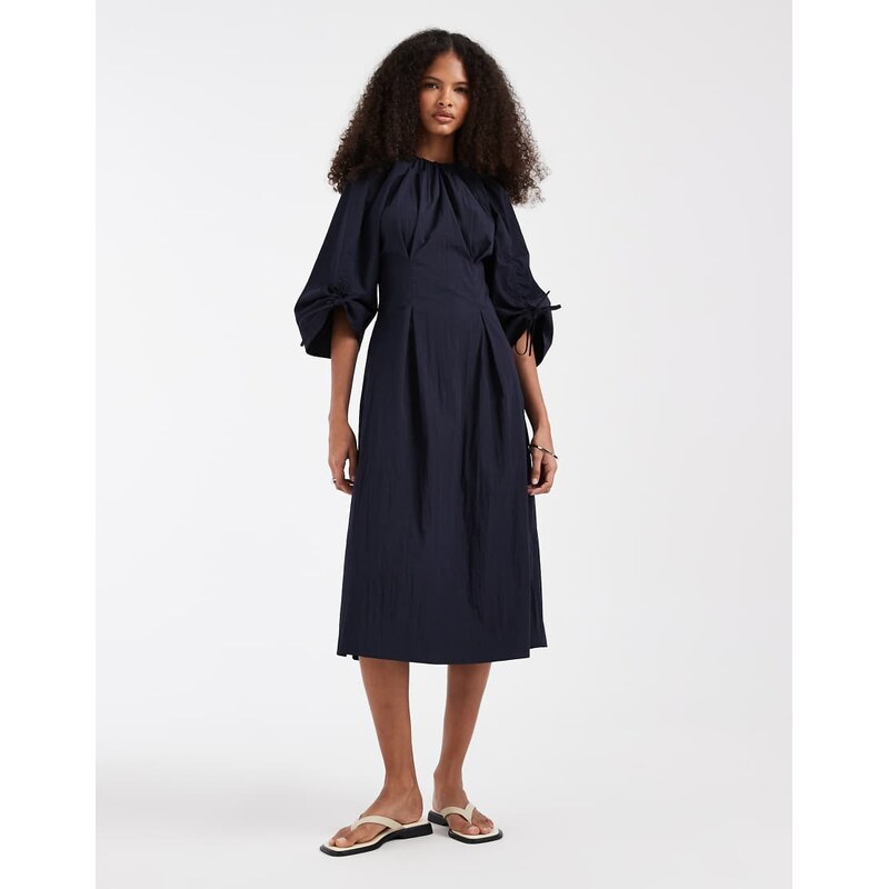& Other Stories volume cinch sleeve midi dress in dark navy