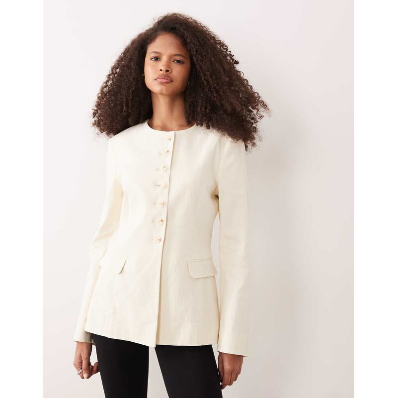 ARKET linen mix collarless blazer in off white 114969478