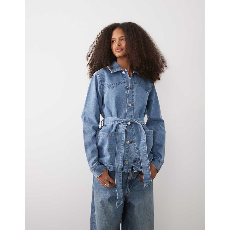 Threadbare denim jacket with tie waist belt in mid wash blue
