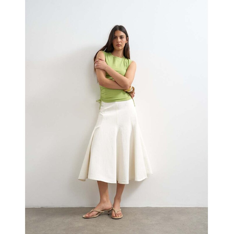Topshop denim fit and flare maxi skirt in ecru-White