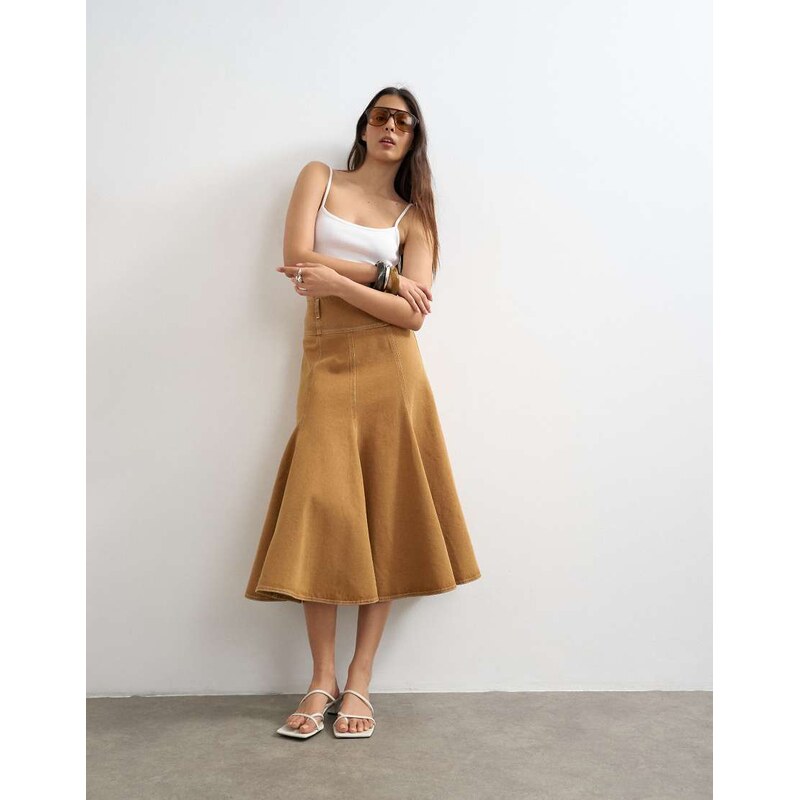 Topshop denim fit and flare maxi skirt in tobacco-Brown