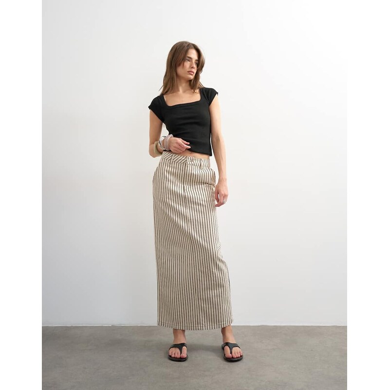 Topshop denim column maxi skirt in black and ecru stripe