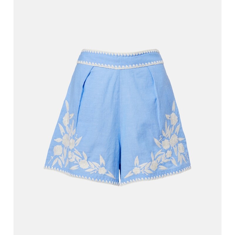 Juliet Dunn Embroidered cotton chambray shorts