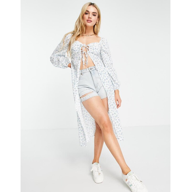 Fashion Union maxi tie front blouse in retro ditsy-Multi 114841013
