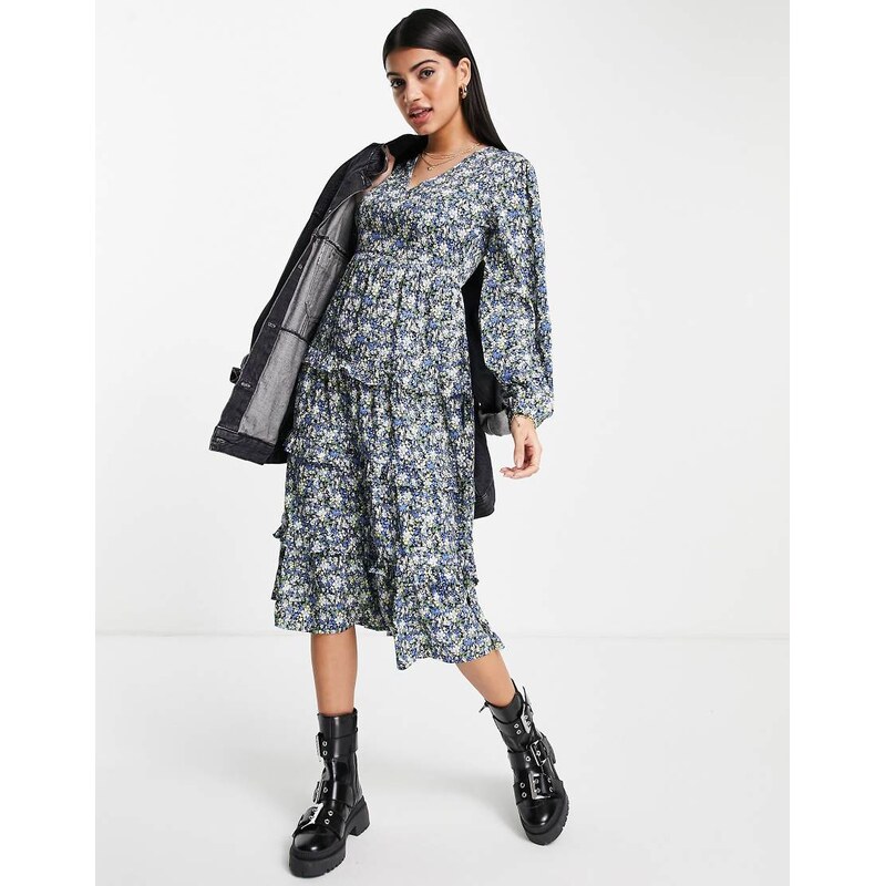 Influence v neck tiered midi dress in blue floral print-Multi 114841076
