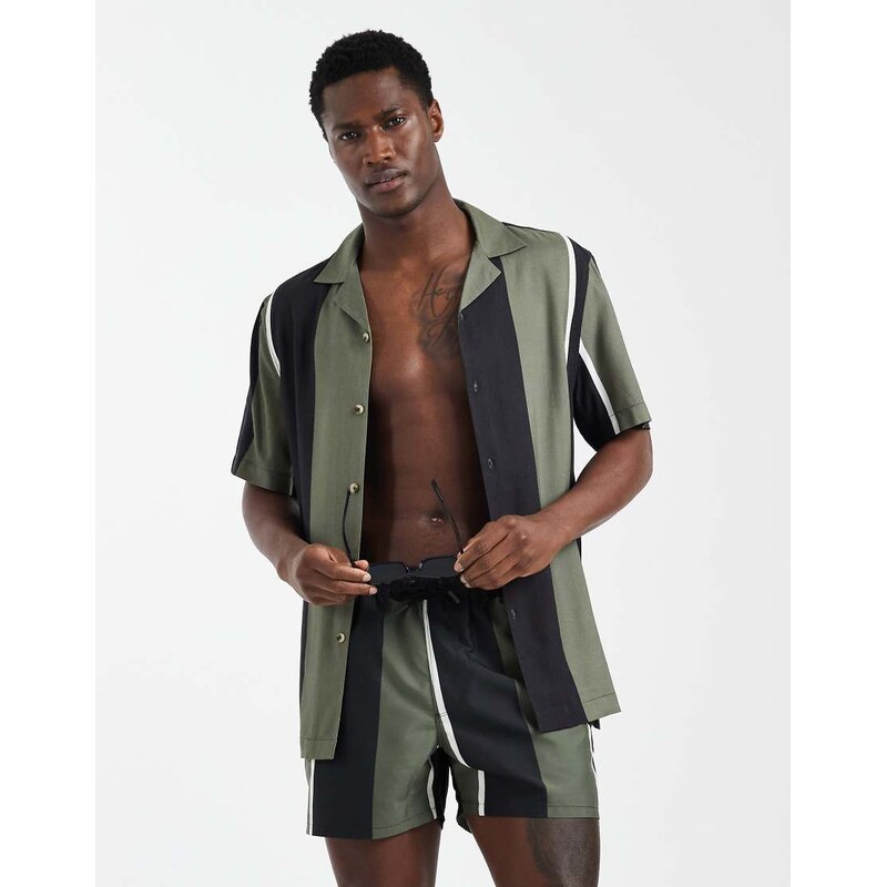 ASOS DESIGN co-ord regular fit revere stripe shirt in black and