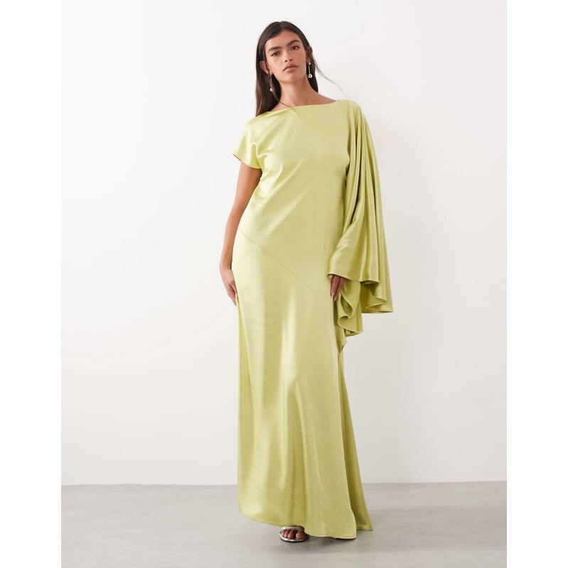 ARRANGE asymmetric one shoulder satin maxi dress in lime-Green 114841238