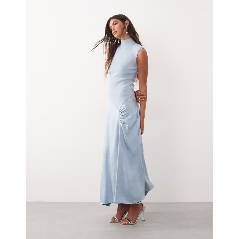 ARRANGE sleeveless hybrid knit maxi dress with ruched skirt in blue 114841266