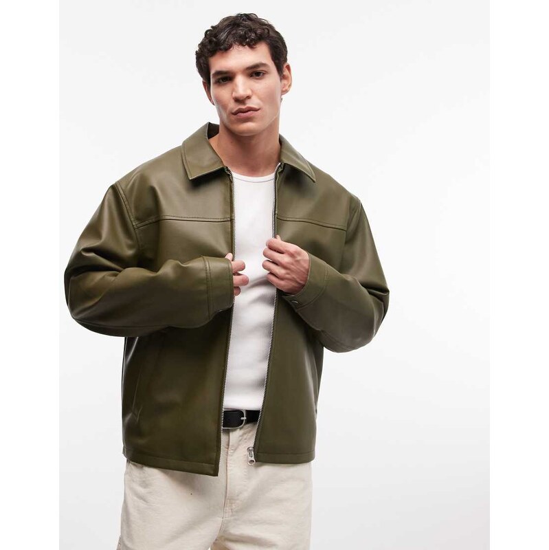 ASOS DESIGN faux leather harrington jacket in khaki-Green