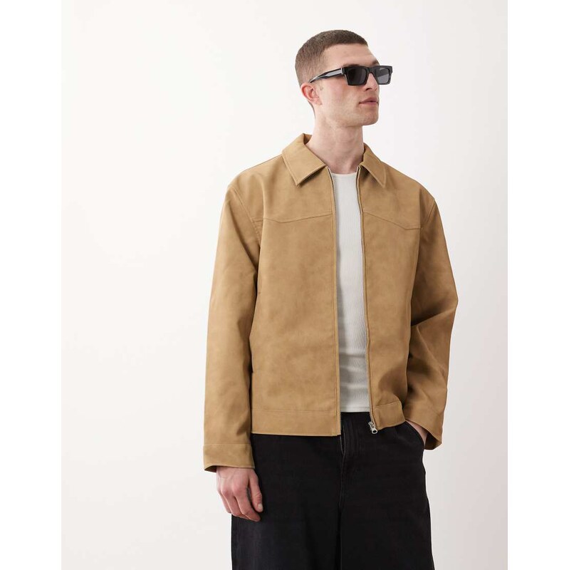 ASOS DESIGN faux suede harrington jacket in dark stone-Neutral