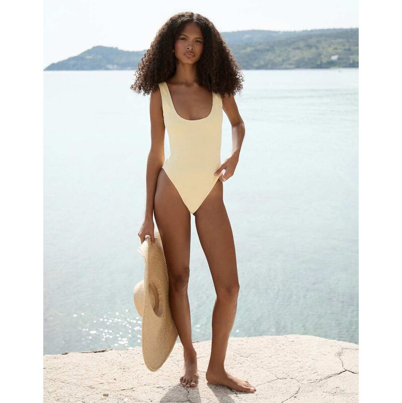 4th & Reckless crinkle scoop neck low back swimsuit in yellow 114841386