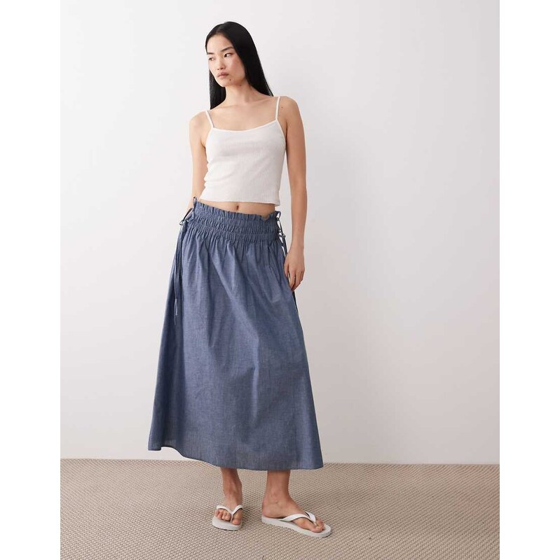 Wednesdays Girl chambray tie detail midaxi skirt in blue