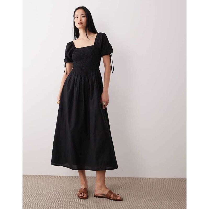 Wednesdays Girl shirred detail midaxi smock dress in black