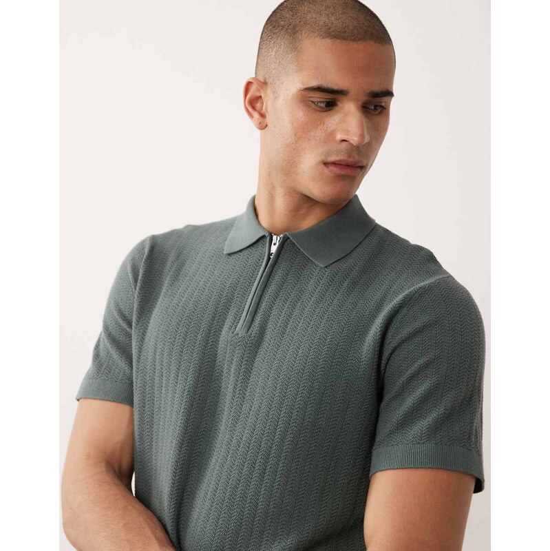 Selected zip polo in dark green