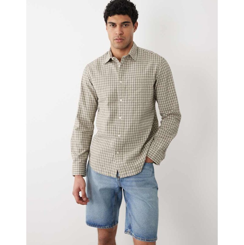 Selected 100% cotton long sleeve seersucker shirt in beige check-Neutral