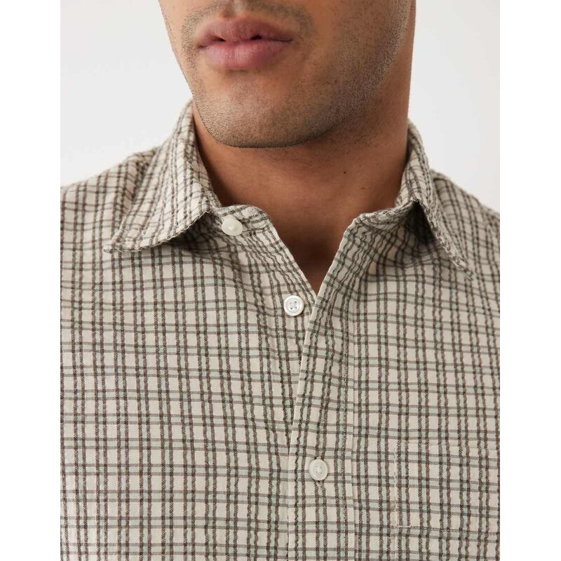 Selected 100% cotton long sleeve seersucker shirt in beige check-Neutral