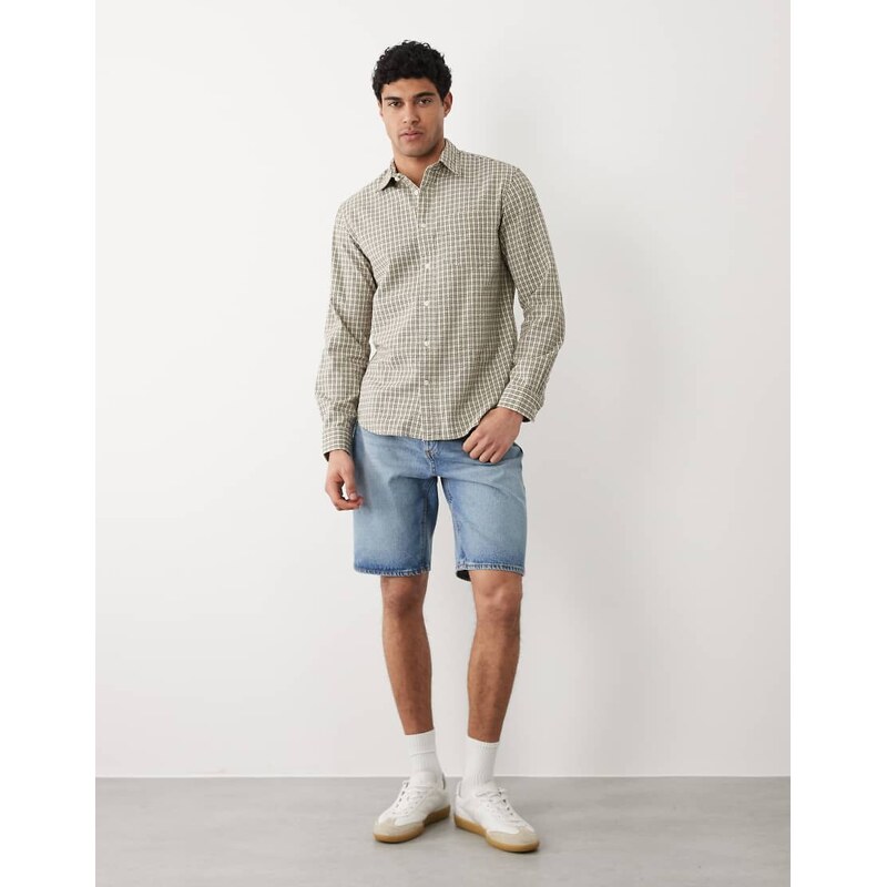 Selected 100% cotton long sleeve seersucker shirt in beige check-Neutral