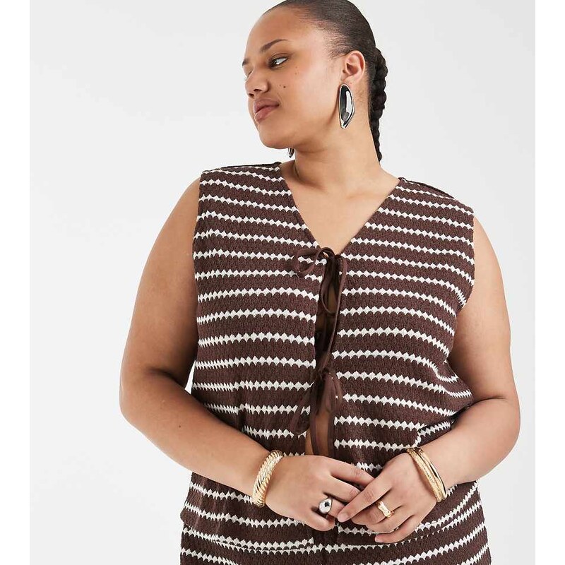 ONLY Curve tie front vest co-ord in brown stripes 114841494