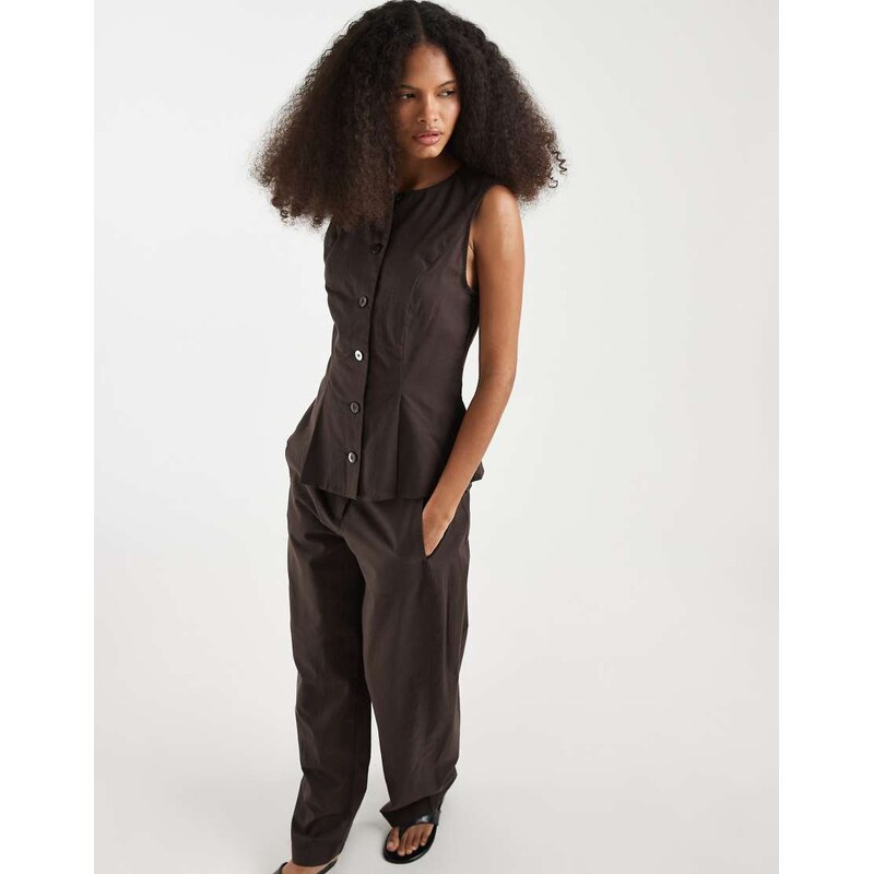 Vero Moda linen look tailored waistcoat co-ord in chocolate-Brown 115522246