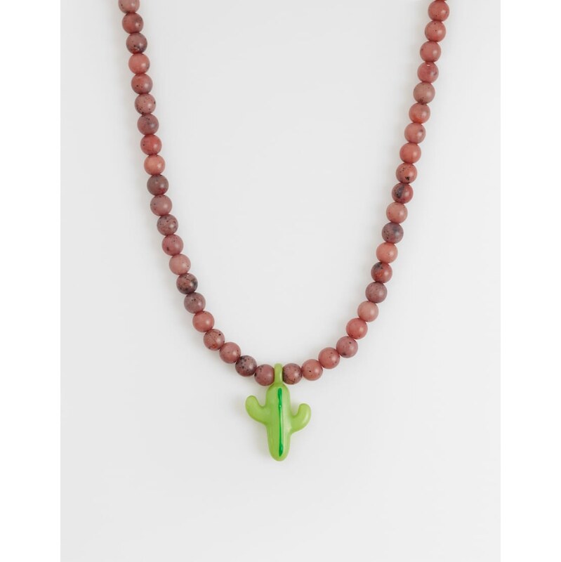 ASOS DESIGN necklace with pink semi-precious beads and cactus