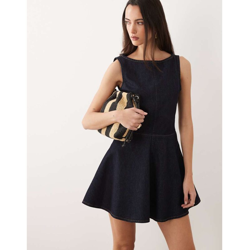 ASOS DESIGN denim slash neck flippy mini dress in mid blue