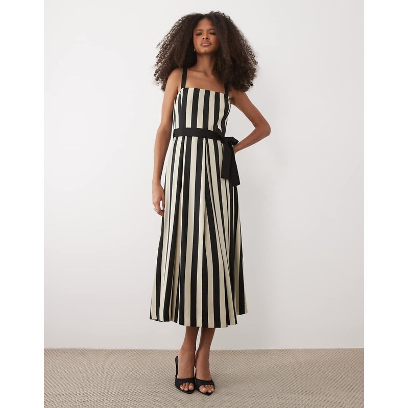 Mango square neck pleated midi dress in black and cream stripe