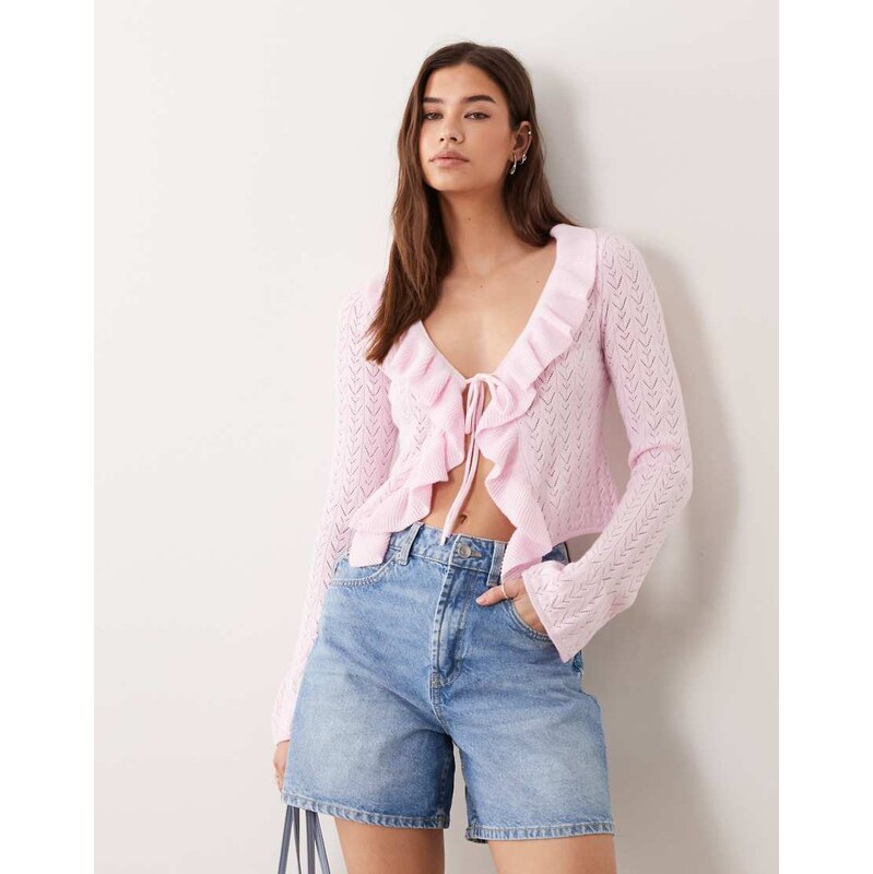 Miss Selfridge frill knitted tie front cardigan-Pink