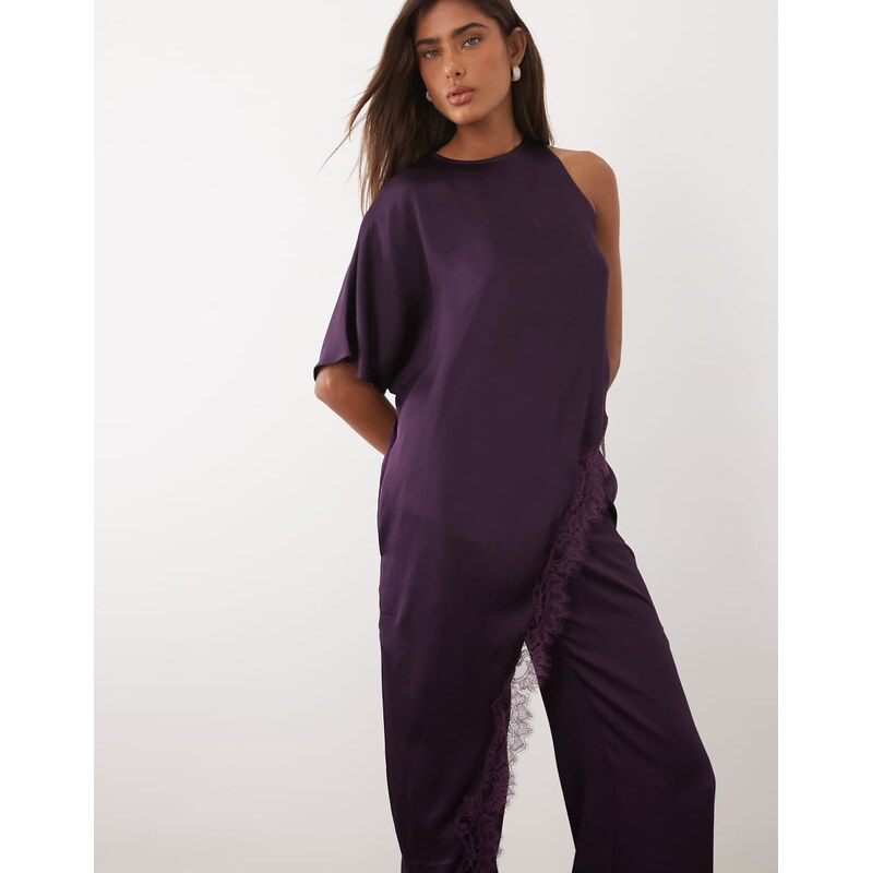 Mango Yazmin satin straight leg trouser co-ord in plum-Purple