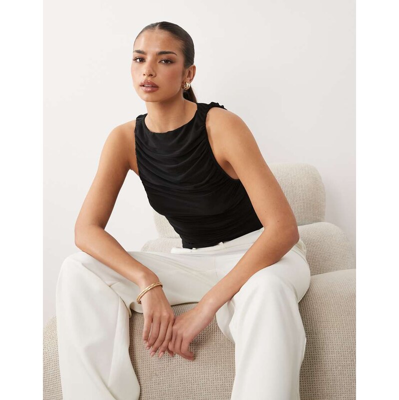 ASOS DESIGN slinky ruched slash neck hanki hem top in black