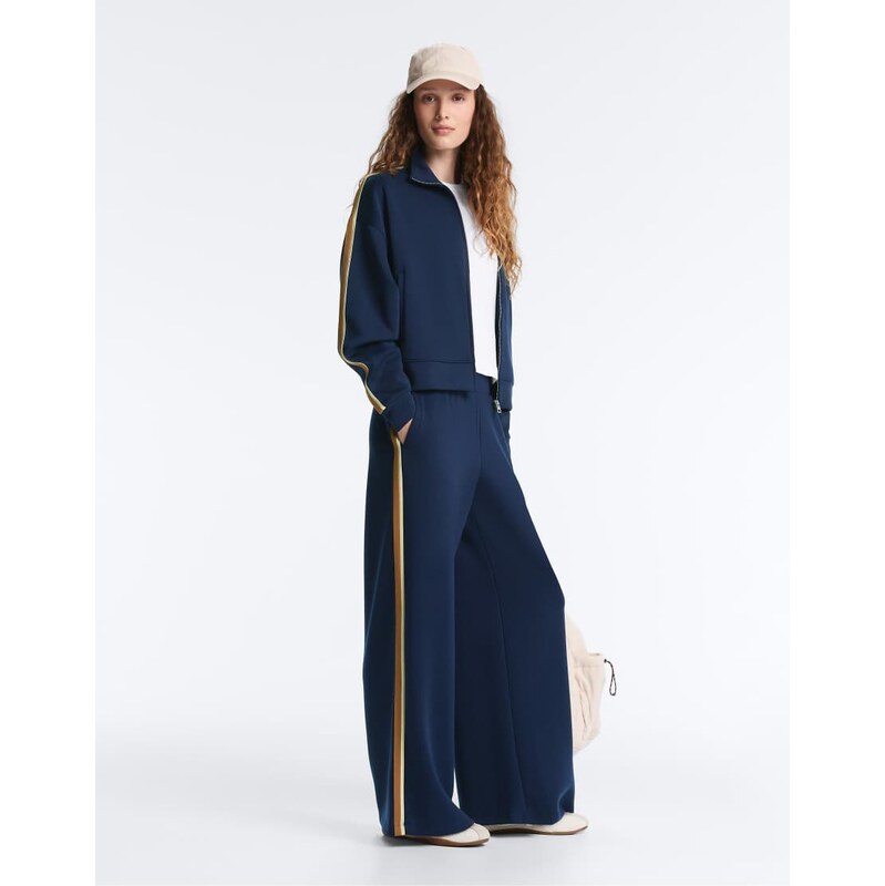 OYSHO Twill straight trousers with side tape in navy 114856481