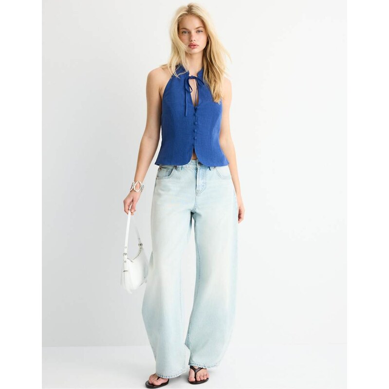 Stradivarius Qipao halter neck button top in electric blue 114841668