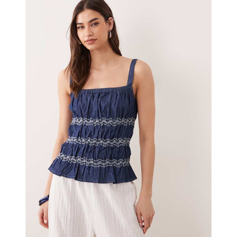 Miss Selfridge shirred embroidered cami top in blue wash 115365983