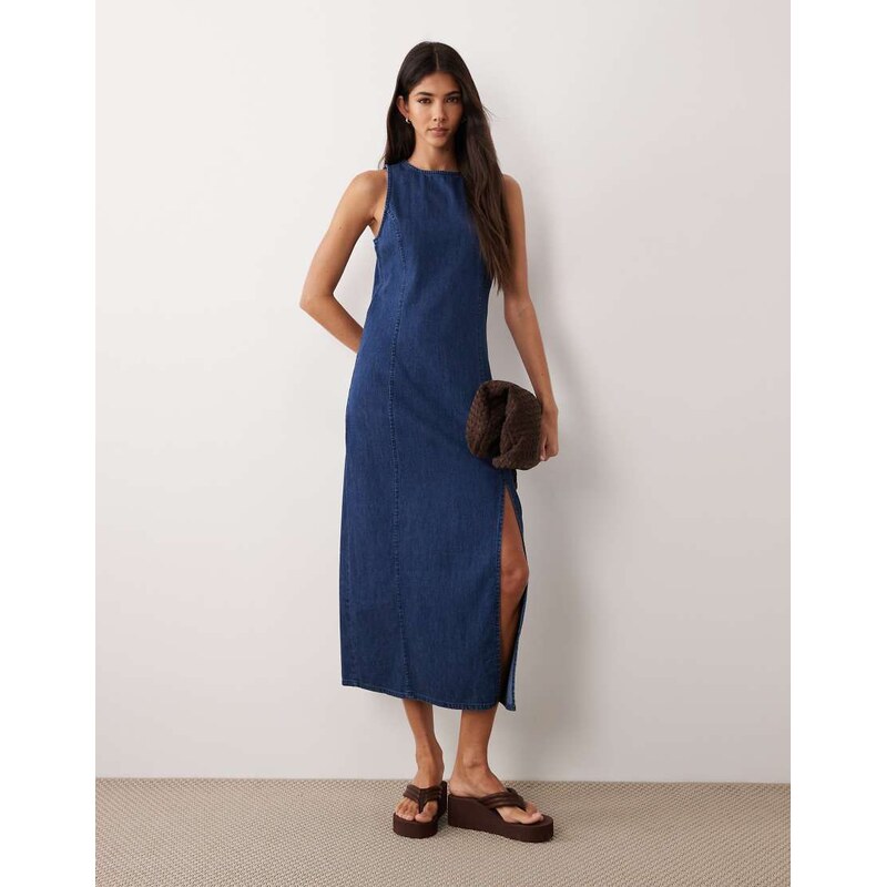 ASOS DESIGN denim fitted midi dress in rich mid blue