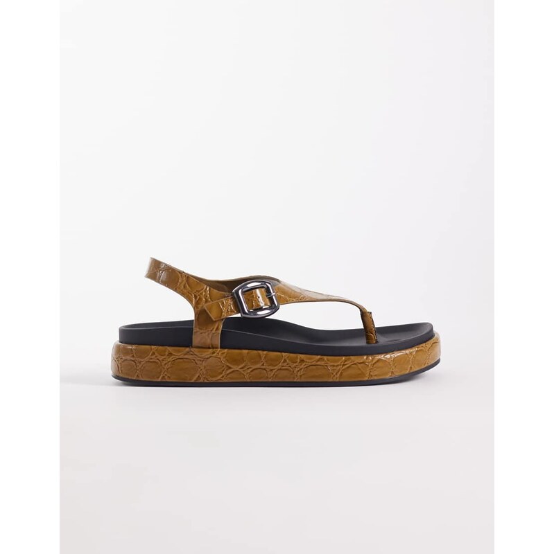 ASOS DESIGN Fern toe thong sandal in olive croc-Green
