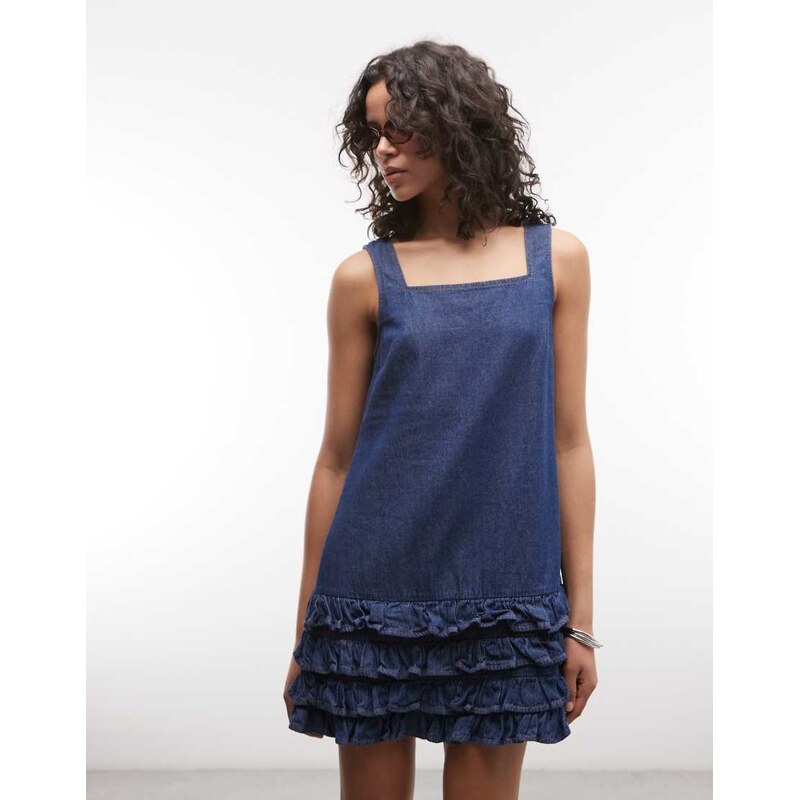 Reclaimed Vintage denim cami mini dress with ruffle details in mid 115366015