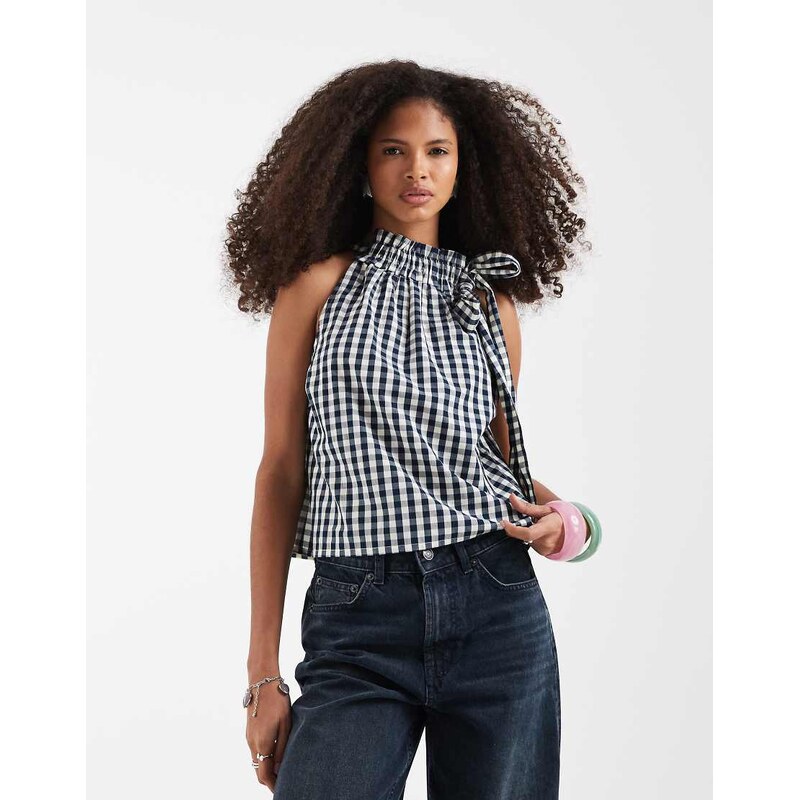 Neon Rose bow detail short sleeve top in blue yellow check