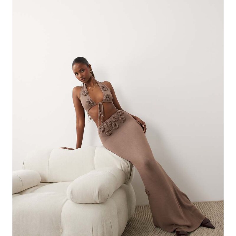 Wanderdoll Daisy knitted corsage detail maxi skirt co-ord in