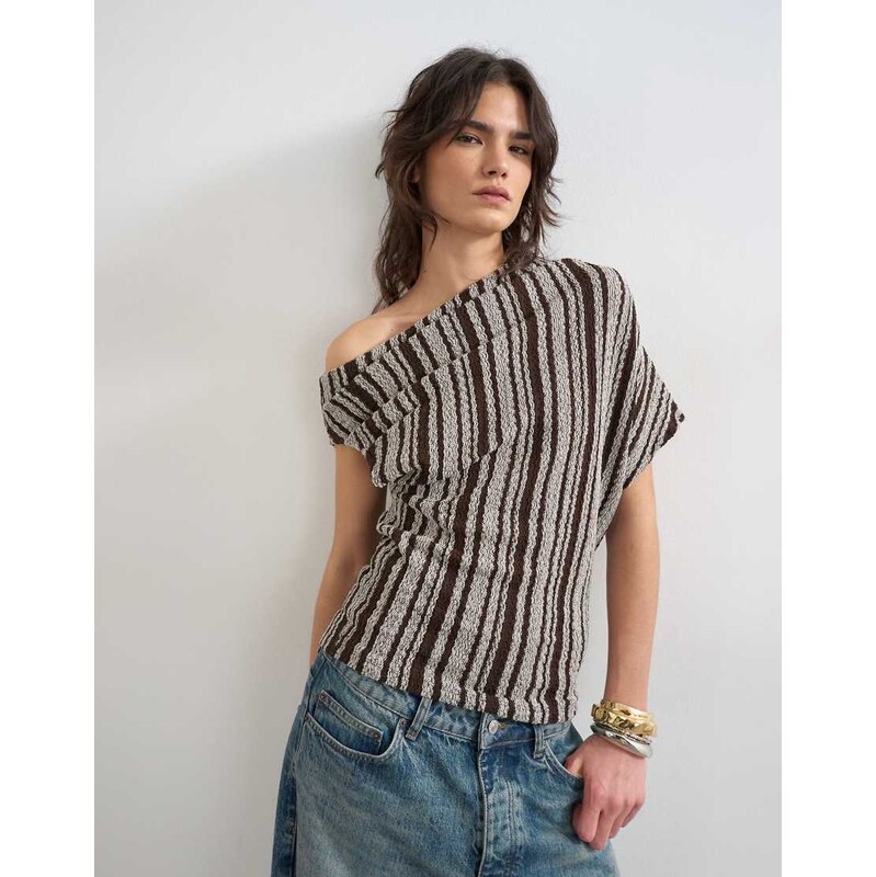 Topshop stripe fallen shoulder textured top in grey