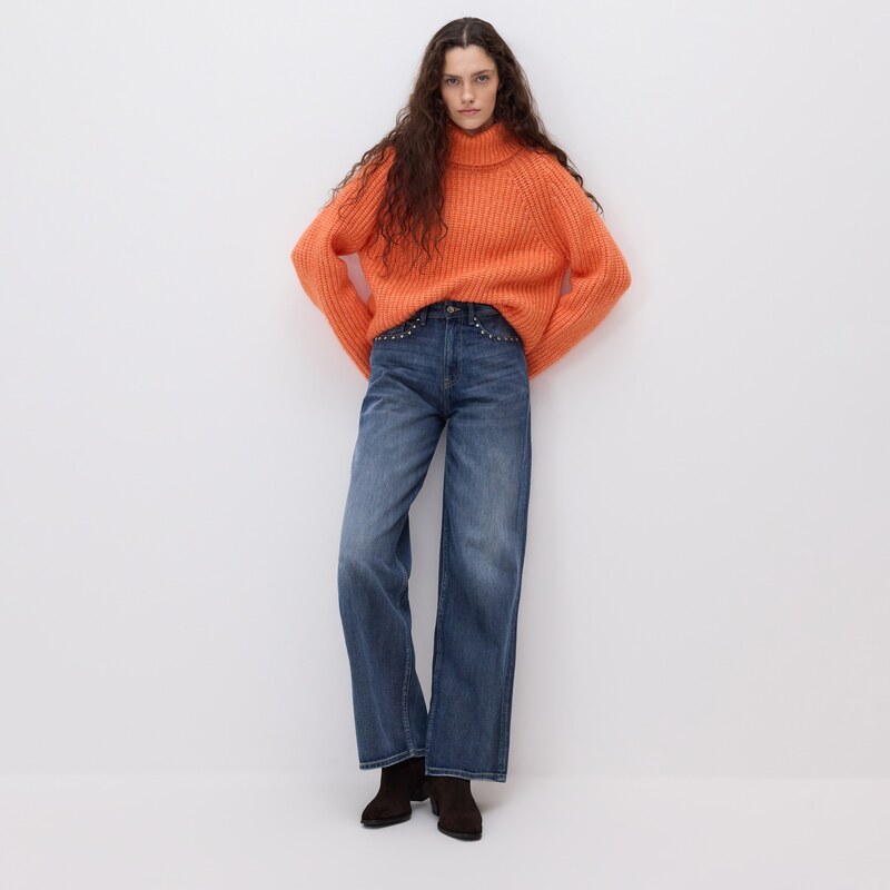 Reserved - Široké džíny s aplikací - indigo jeans