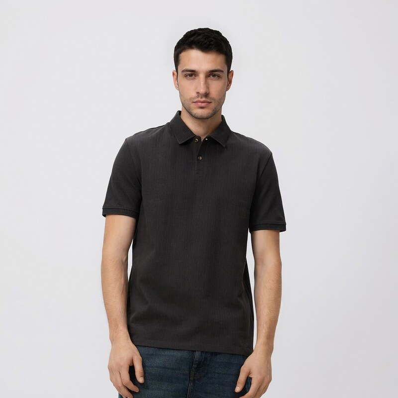 Reserved - Polo regular fit ze strukturovaného žerzeje - tmavě