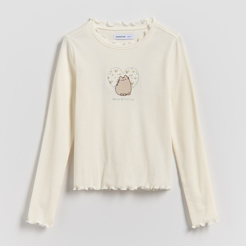 Reserved - Bavlněné tričko s dlouhými rukávy Pusheen - krémová
