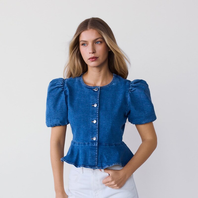 Reserved - Džínová halenka s volánkem peplum - modrá 114623207