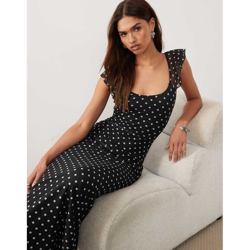 Princess Polly Sandberg frill sleeve maxi dress in black polka