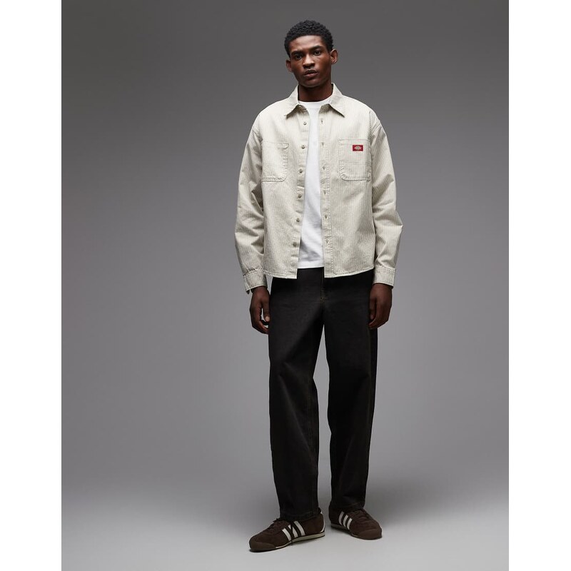 Dickies Hickory striped long sleeve work shirt in off white