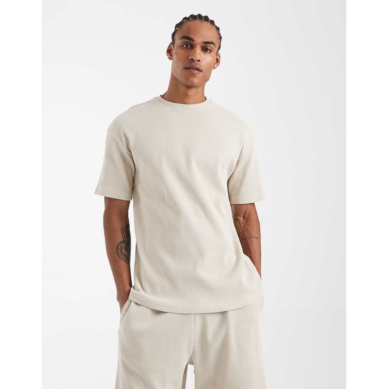 New Look co-ord waffle t-shirt in stone-Neutral