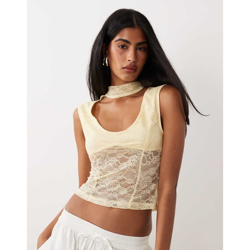 ASOS DESIGN lace cap sleeve top with neck detail in lemon-Yellow