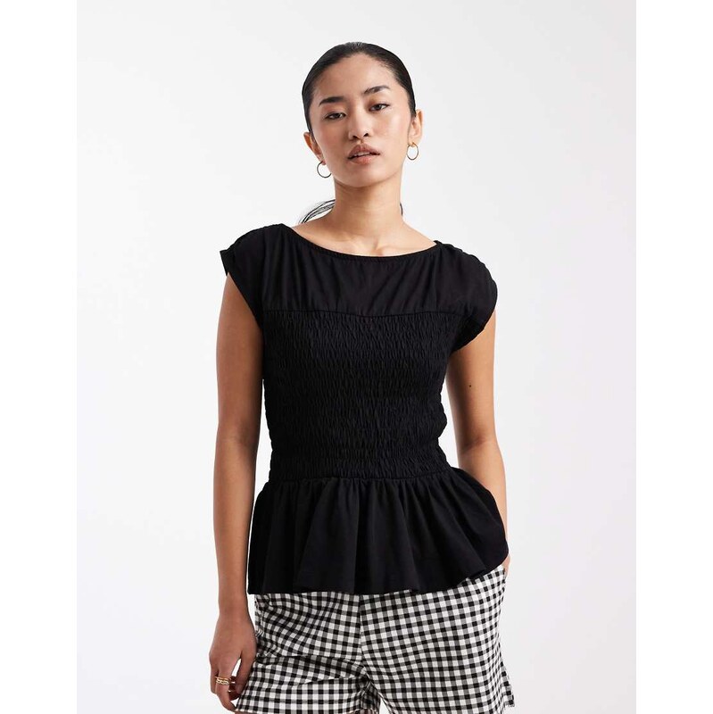 Threadbare jersey cap sleeve shirred top in black
