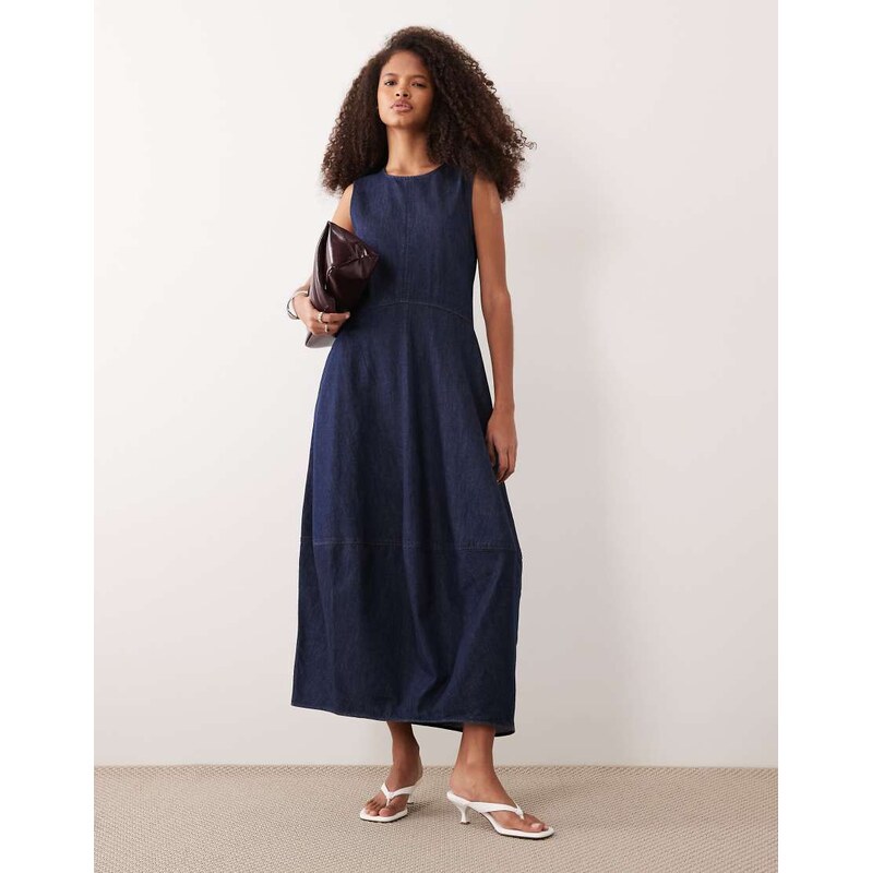 ARKET volume sleeveless denim dress in darkwash blue