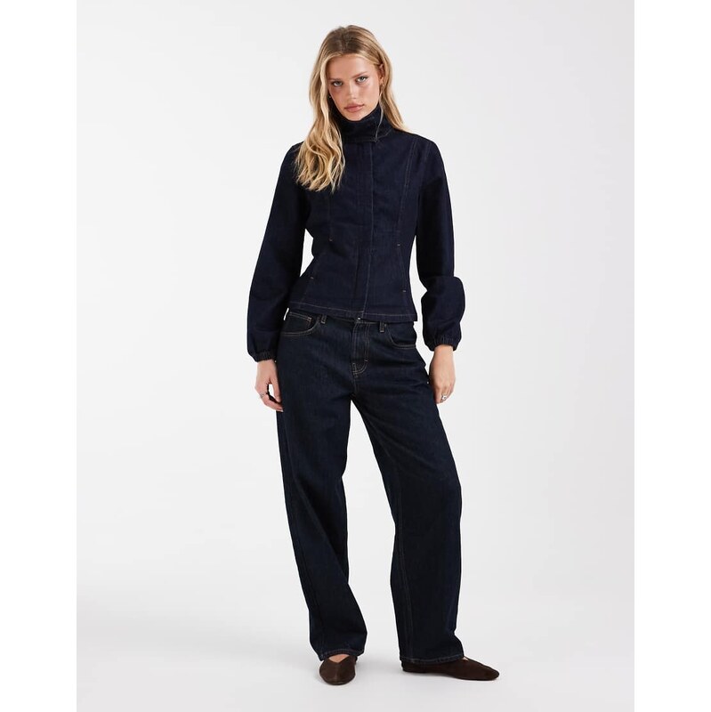 ASOS DESIGN denim fitted funnel neck jacket in indigo-Blue
