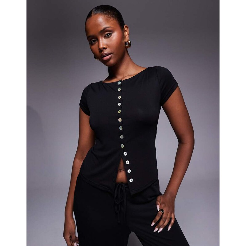 Princess Polly Angellina boat neck pearl button through short sleeve 114849889